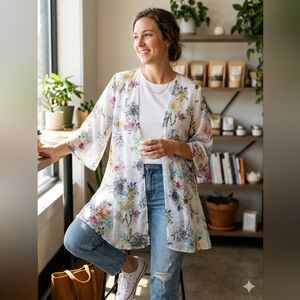 torrid White Sheer Floral Kimono Cardigan with Pink Yellow Blue Accents